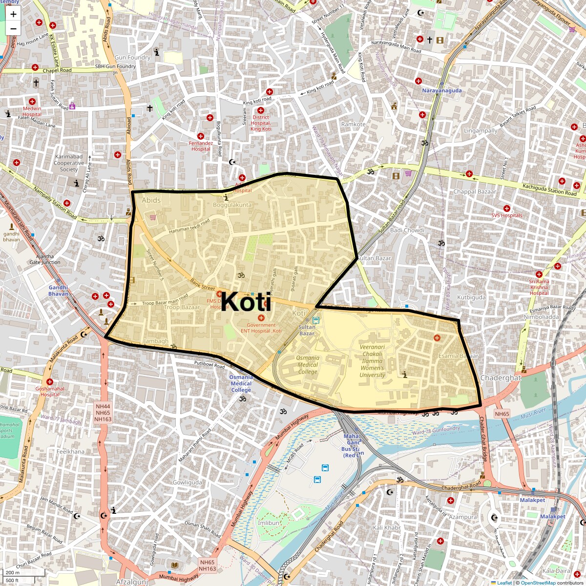 Location Map of Koti, Hyderabad