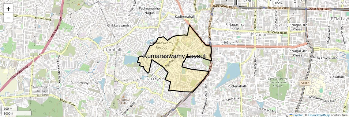 Location Map of Kumaraswamy Layout, Bangalore
