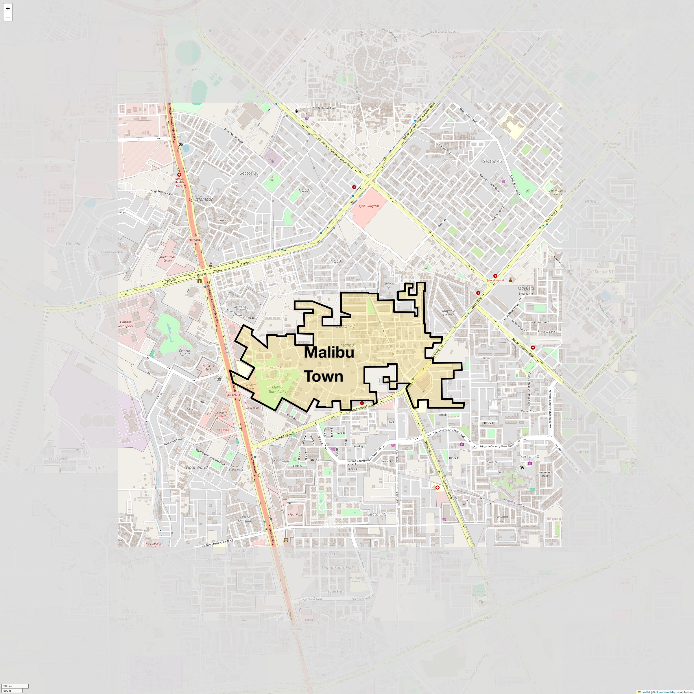 Location Map of Malibu Town, Gurgaon