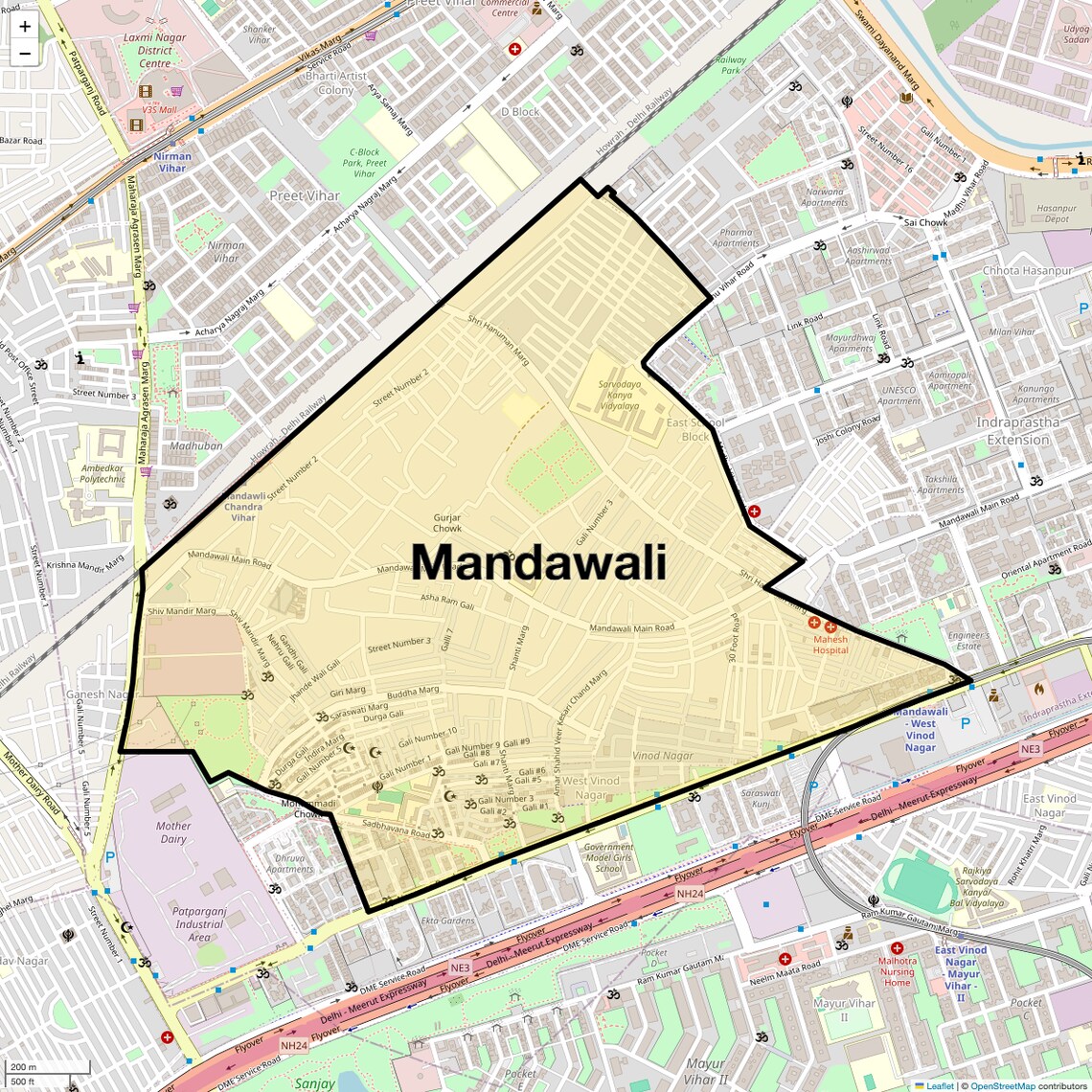 Location Map of Mandawali, Delhi