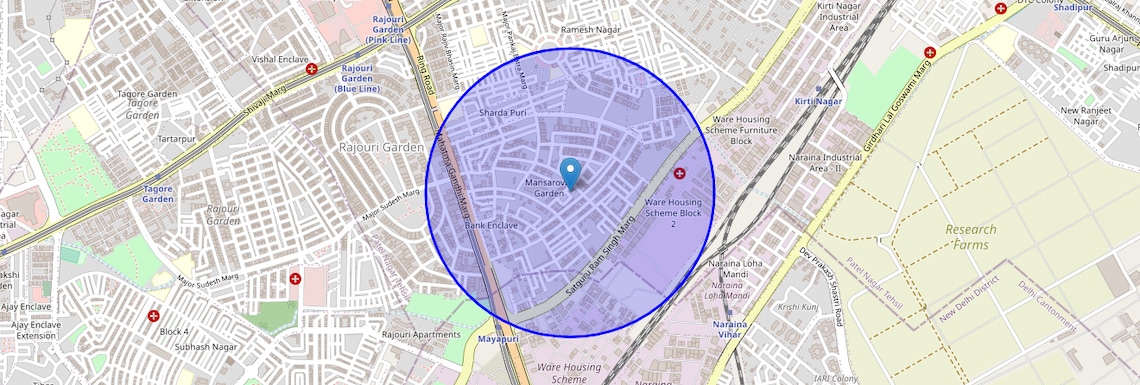 Location Map of Mansarover Garden, Delhi