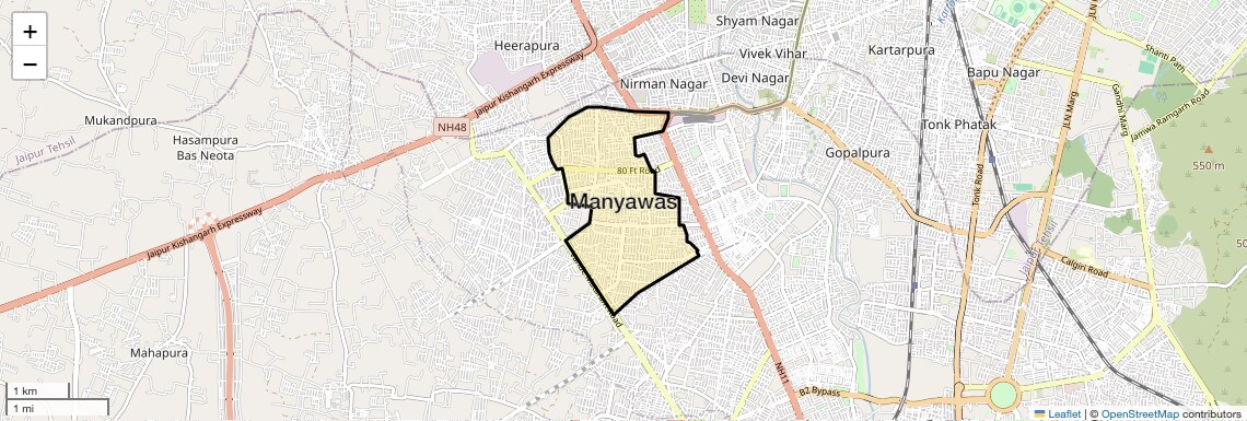 Location Map of Manyawas, Jaipur
