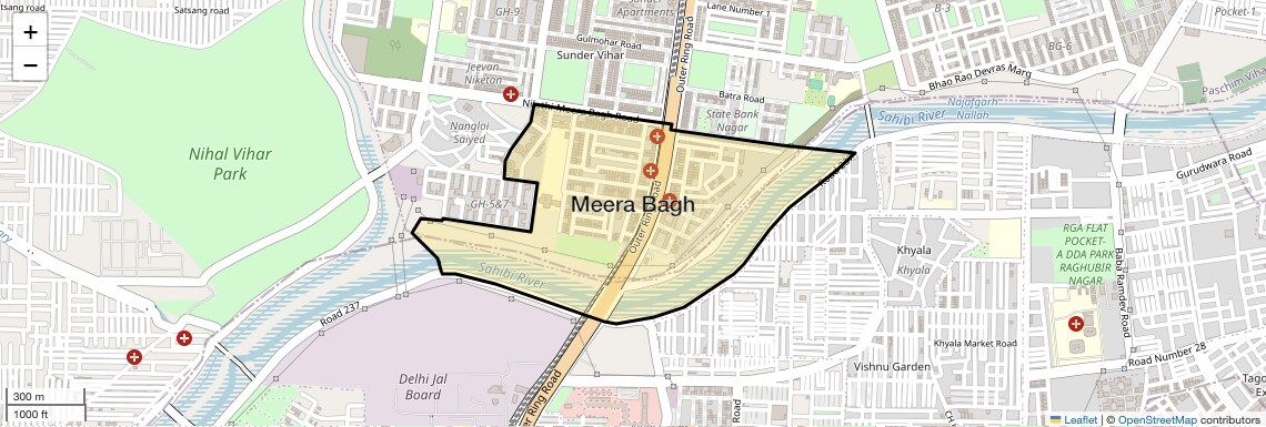 Location Map of Meera Bagh, Delhi