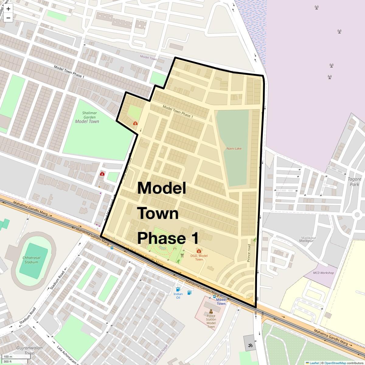 Location Map of Model Town Phase 1, Delhi