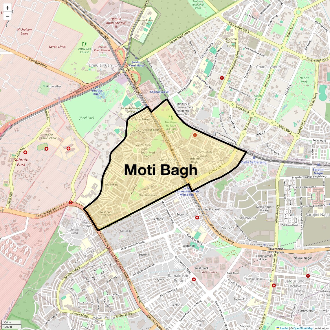 Location Map of Moti Bagh, Delhi