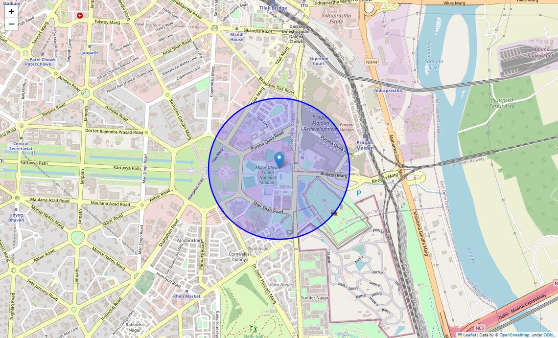 Location Map of National Stadium, Delhi