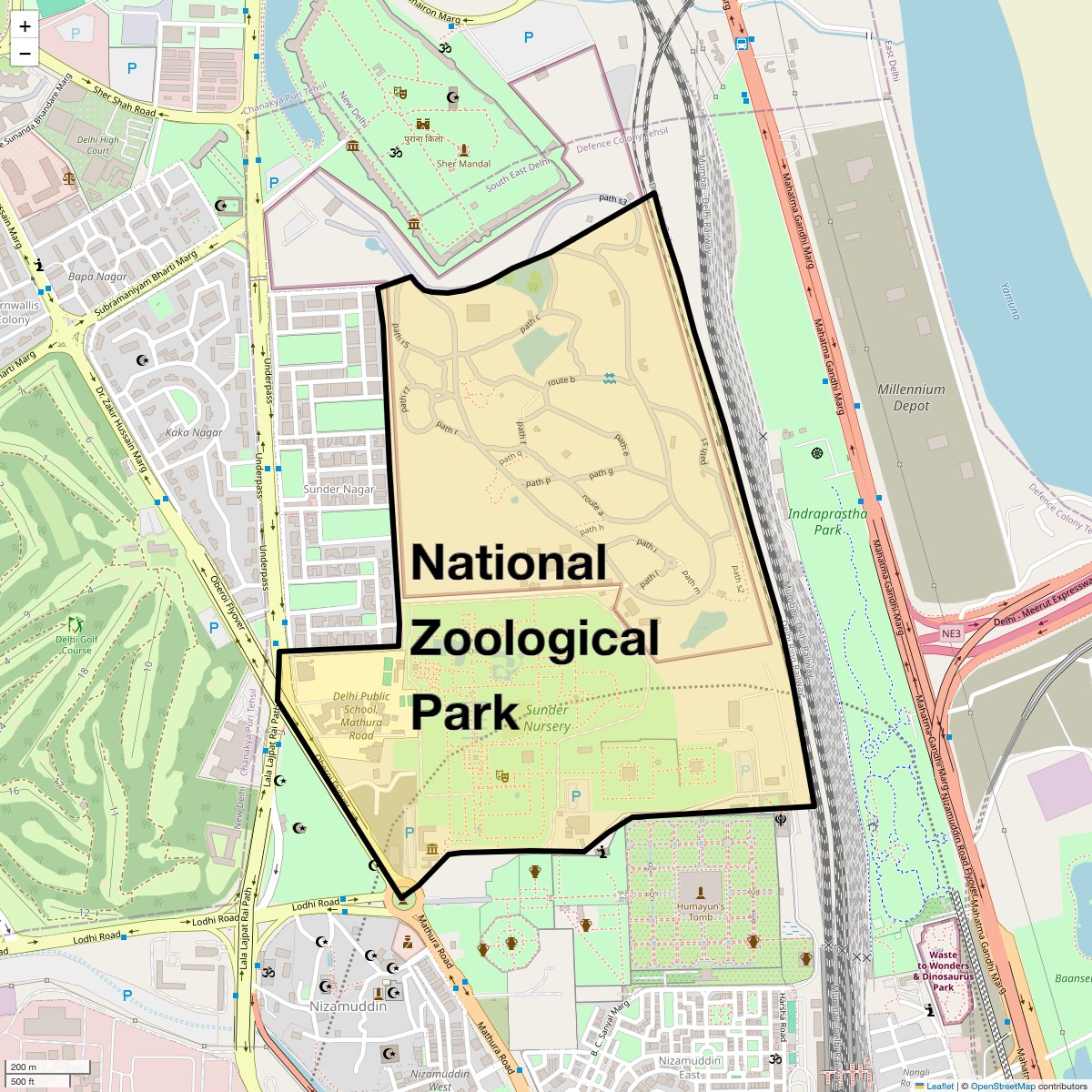 Location Map of National Zoological Park, Delhi