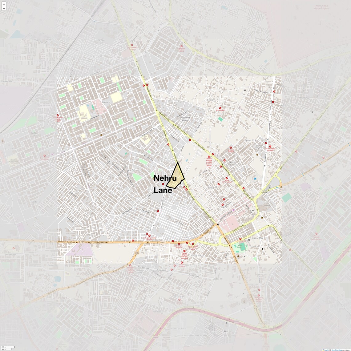 Location Map of Nehru Lane, Gurgaon