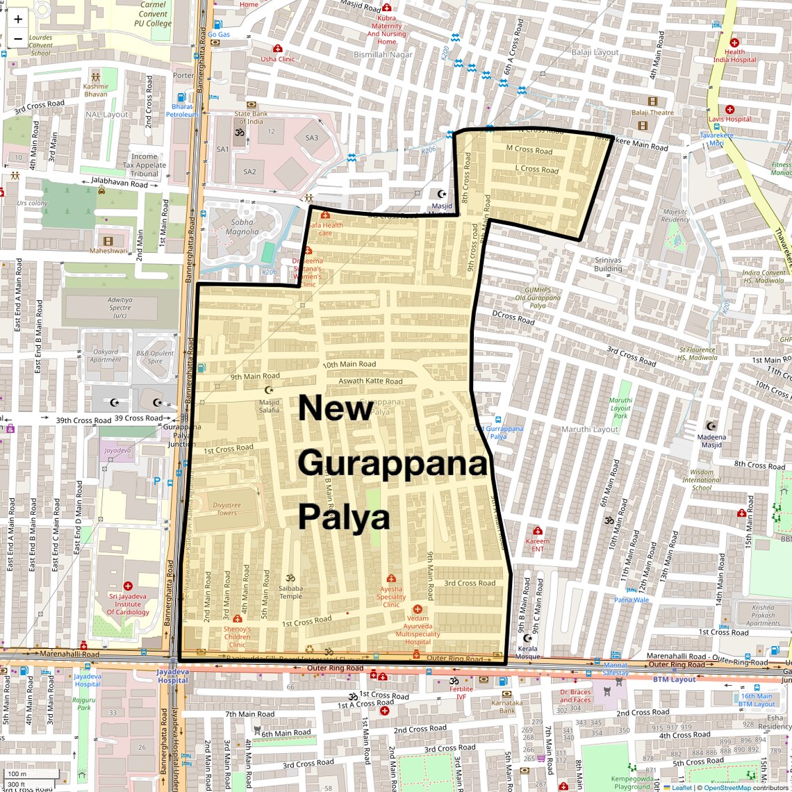 Location Map of New Gurappana Palya, Bangalore