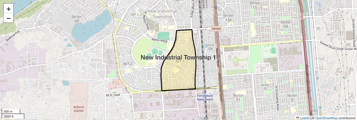 Location Map of New Industrial Township 1, Faridabad