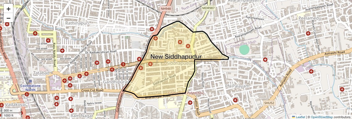 Location Map of New Siddhapudur, Coimbatore
