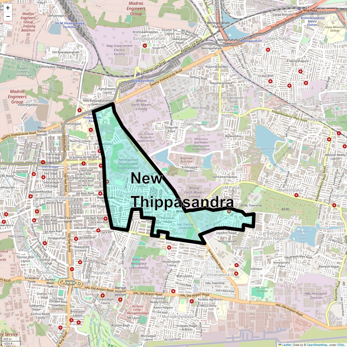 Location Map of New Thippasandra, Bangalore