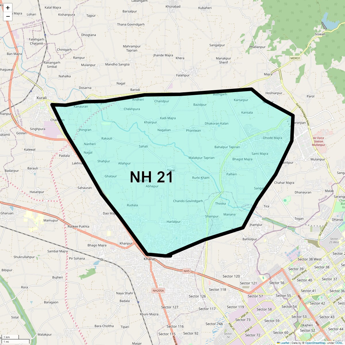 Location Map of NH 21, Chandigarh
