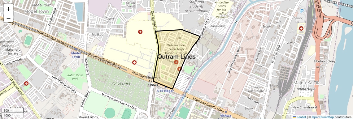 Location Map of Outram Lines, Delhi