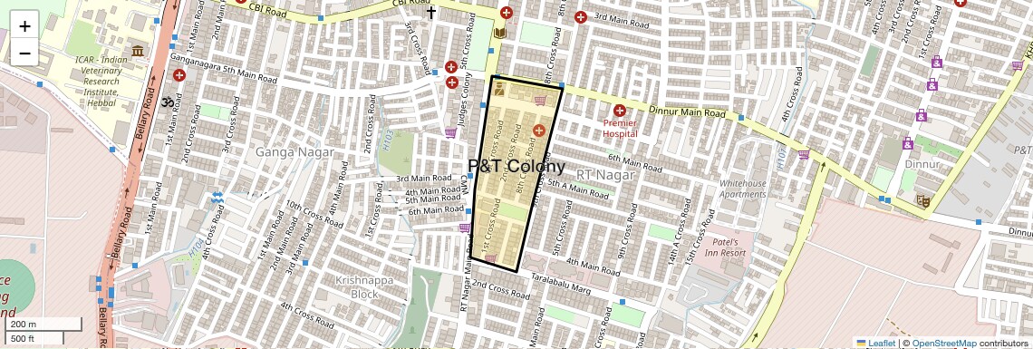 Location Map of P&T Colony, Bangalore