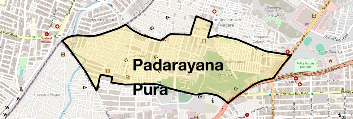 Location Map of Padarayana Pura, Bangalore
