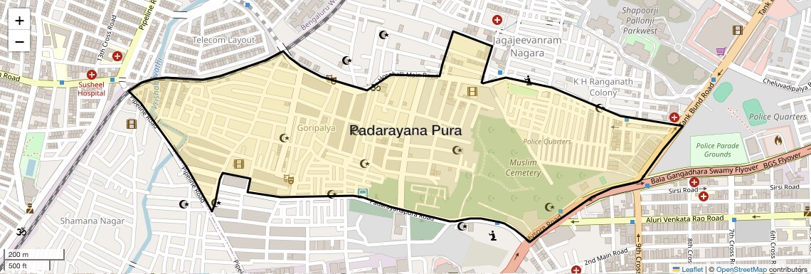Location Map of Padarayana Pura, Bangalore