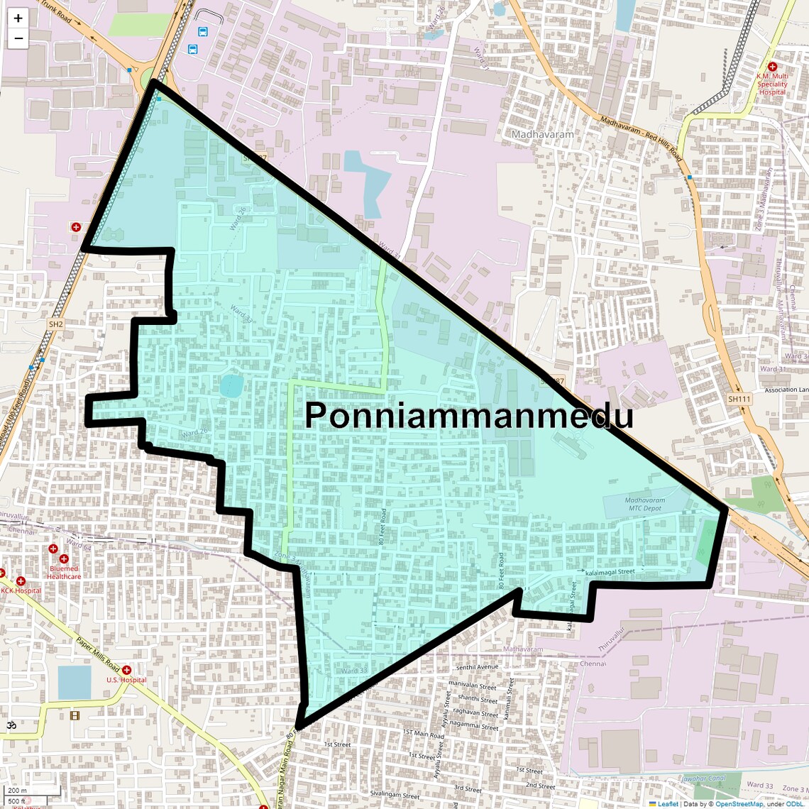 Location Map of Ponniammanmedu, Chennai