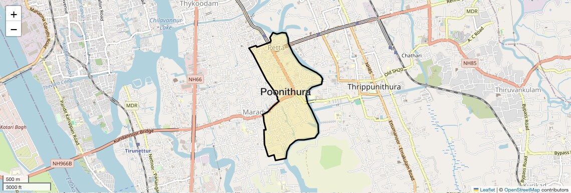 Location Map of Poonithura, Kochi