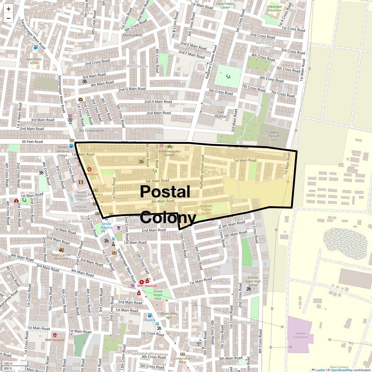 Location Map of Postal Colony, Bangalore