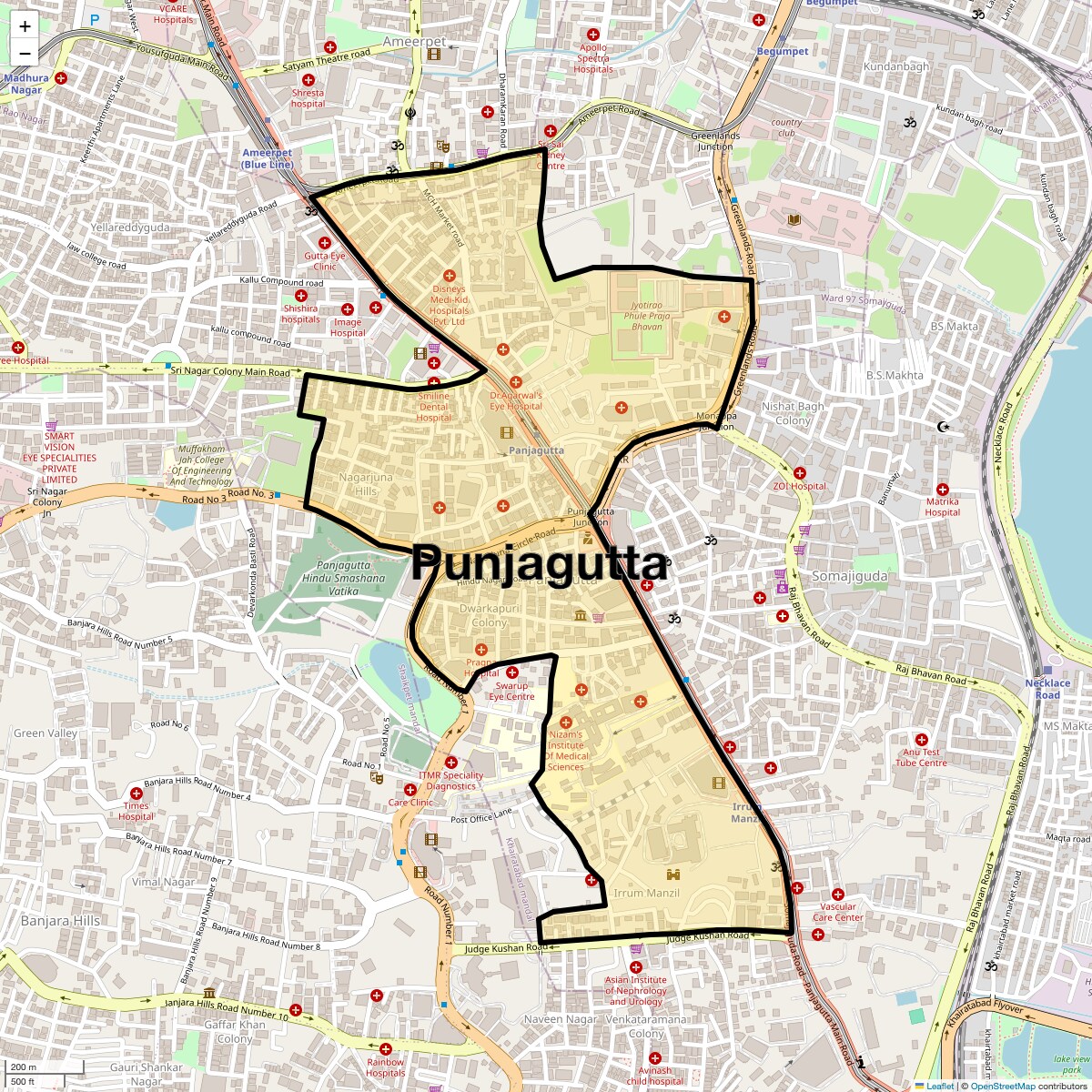 Location Map of Punjagutta, Hyderabad