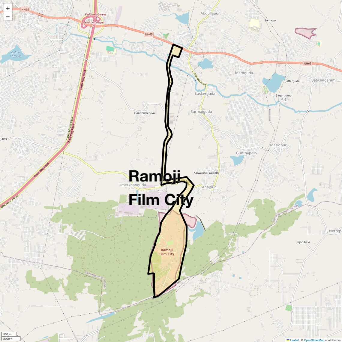 Location Map of Ramoji Film City, Hyderabad