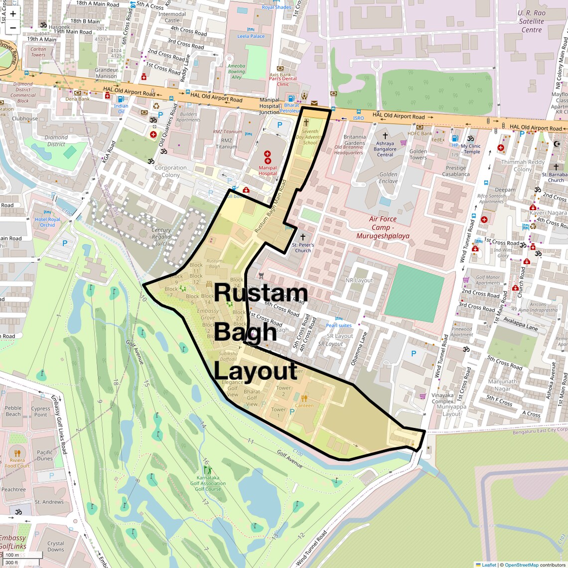Location Map of Rustam Bagh Layout, Bangalore