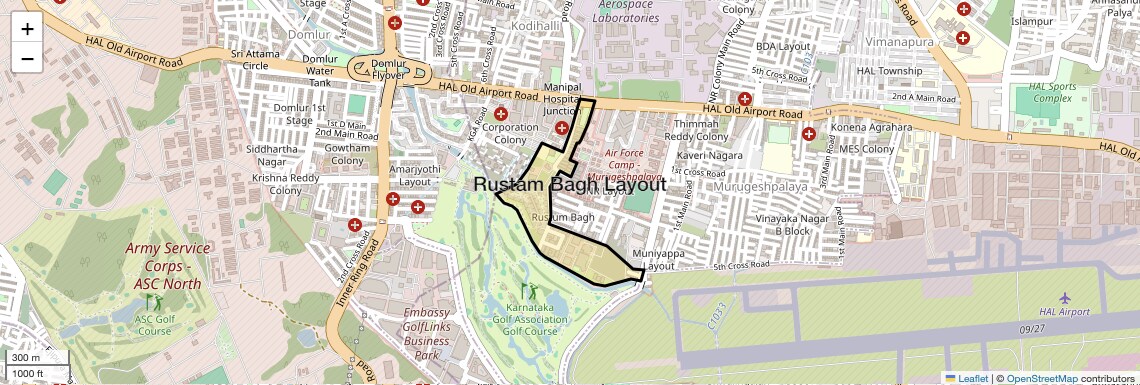 Location Map of Rustam Bagh Layout, Bangalore