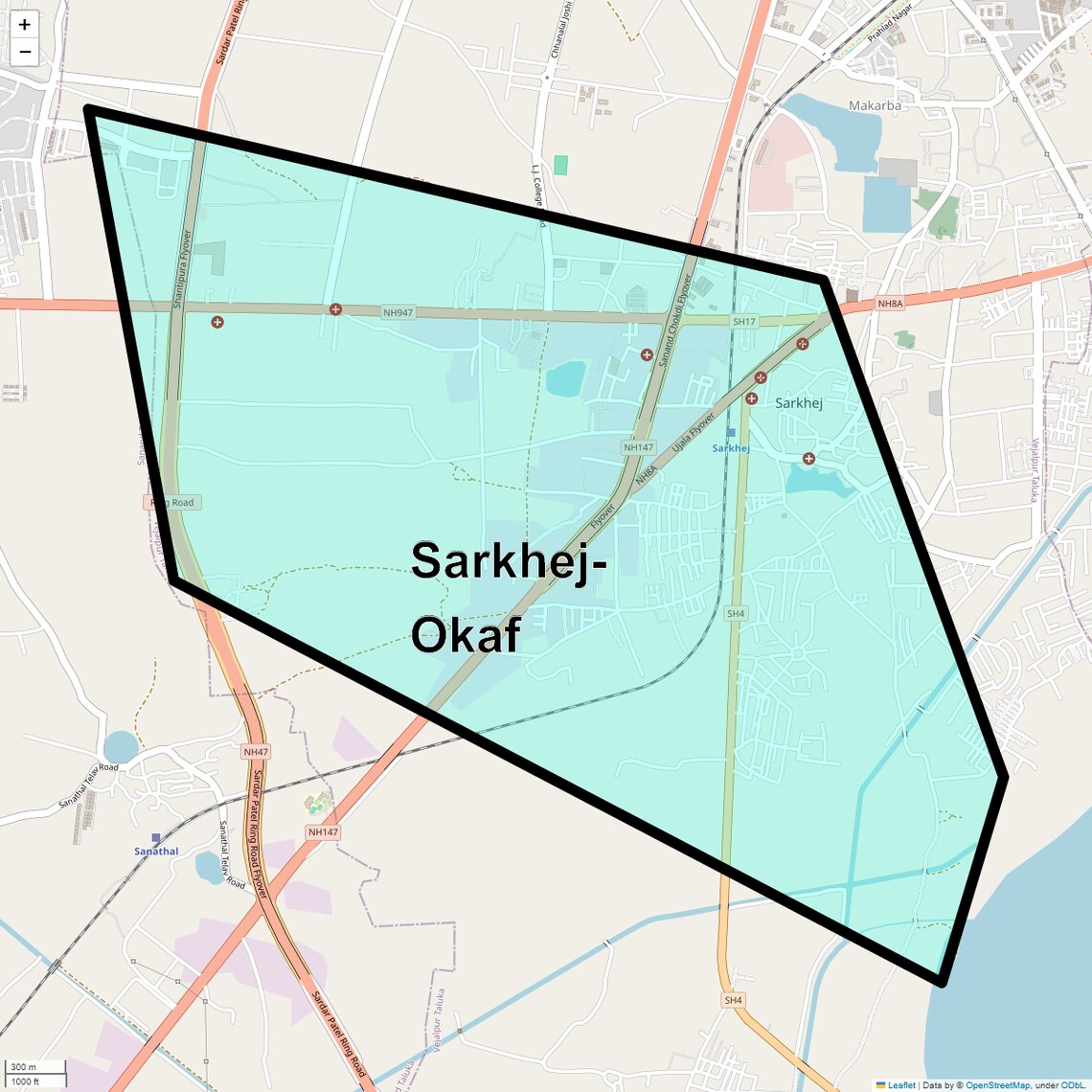 Location Map of Sarkhej-Okaf, Ahmedabad