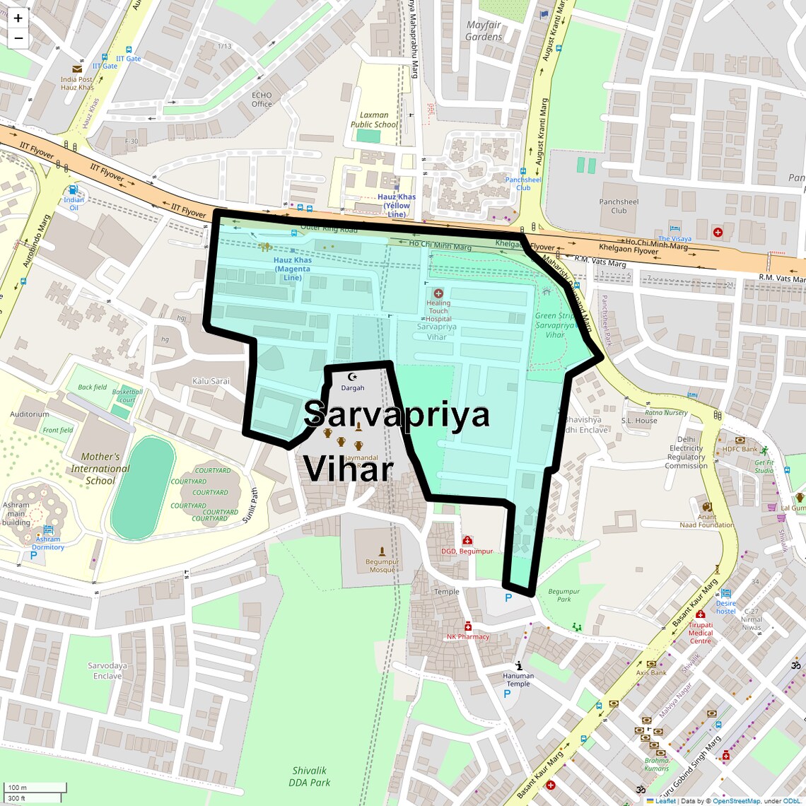 Location Map of Sarvapriya Vihar, Delhi