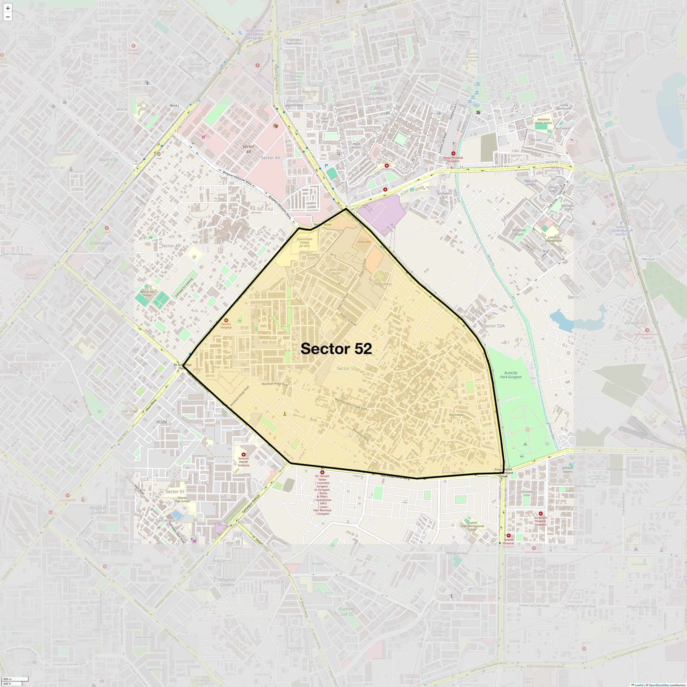 Location Map of Sector 52, Gurgaon
