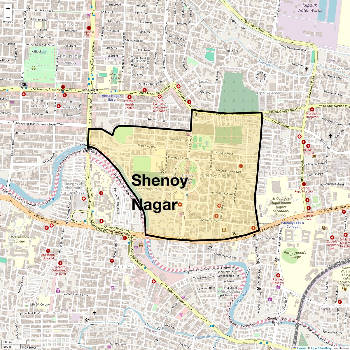 Location Map of Shenoy Nagar, Chennai
