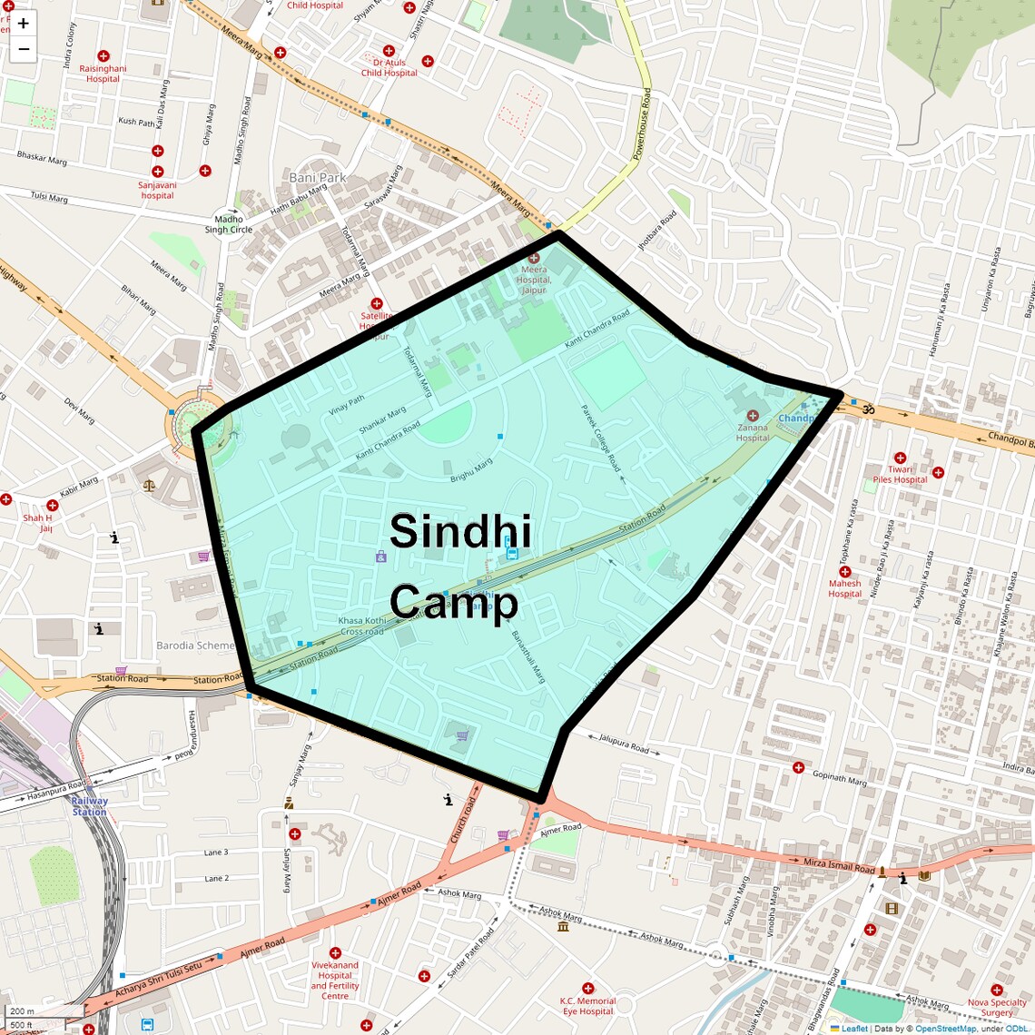 Location Map of Sindhi Camp, Jaipur
