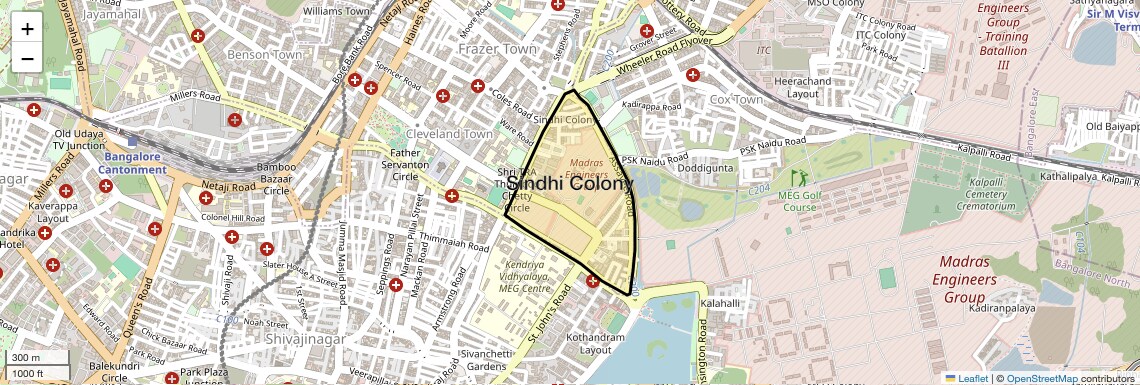 Location Map of Sindhi Colony, Bangalore