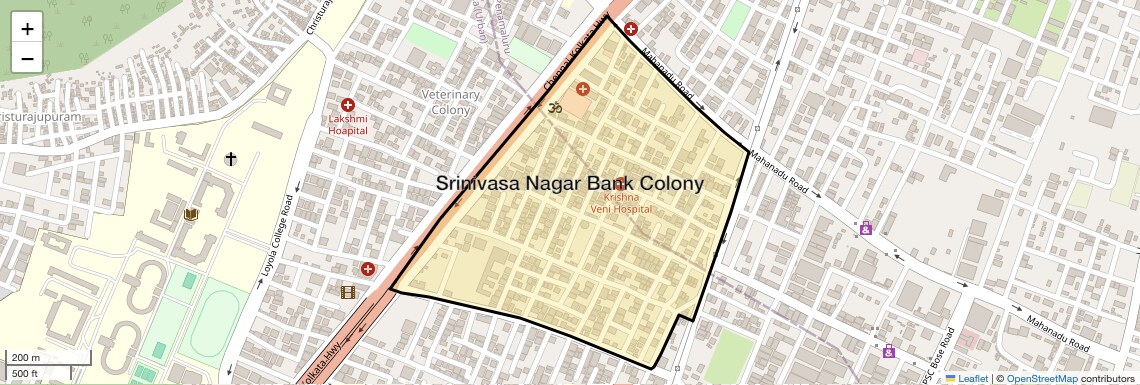 Location Map of Srinivasa Nagar Bank Colony, Vijayawada