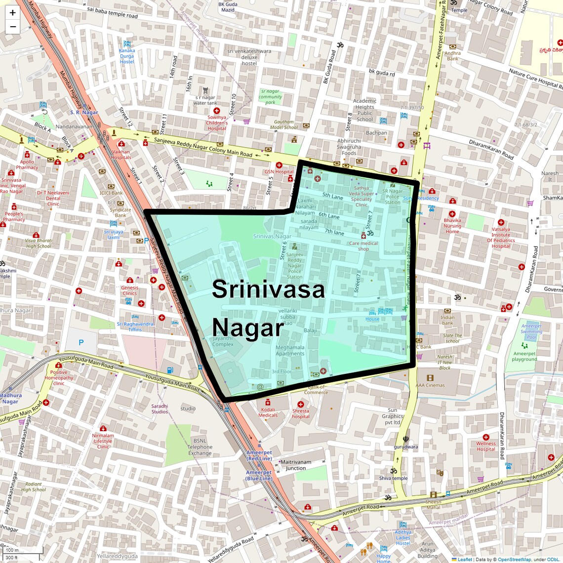 Location Map of Srinivasa Nagar, Hyderabad
