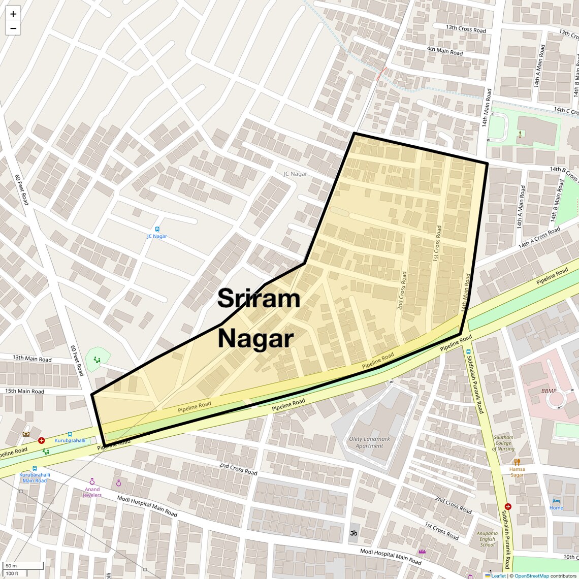 Location Map of Sriram Nagar, Bangalore
