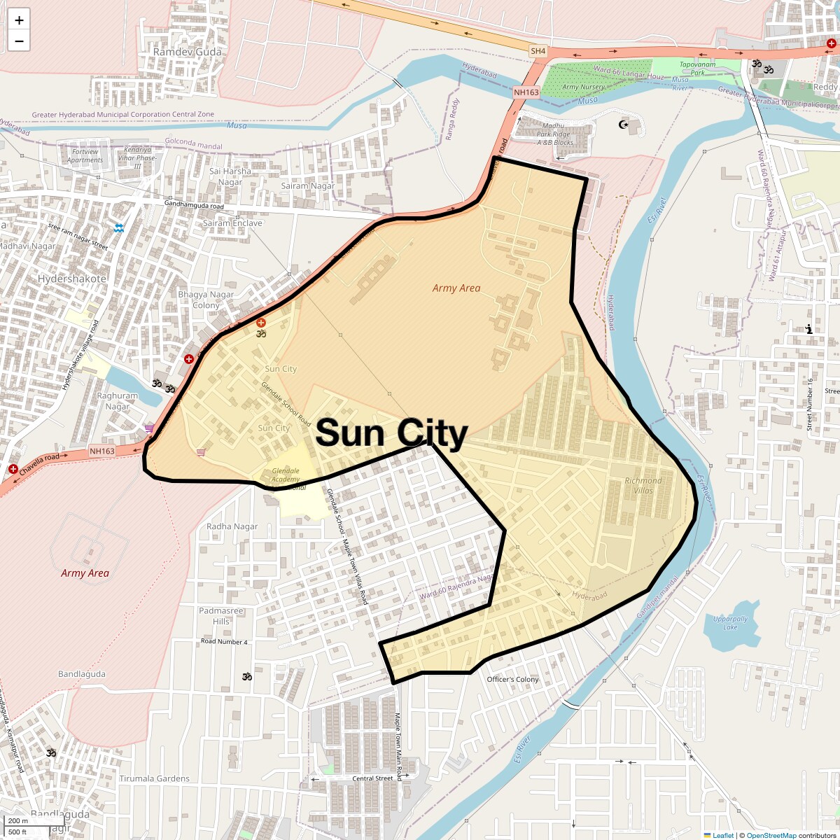 Location Map of Sun City, Hyderabad