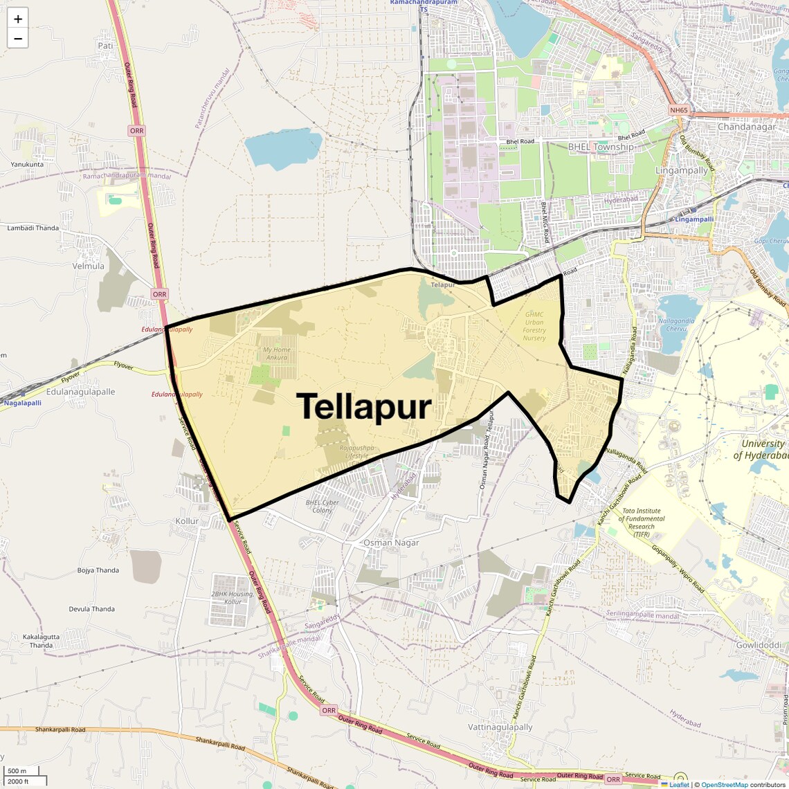 Location Map of Tellapur, Hyderabad