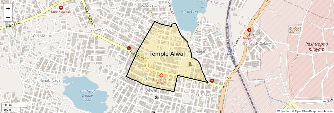 Location Map of Temple Alwal, Hyderabad