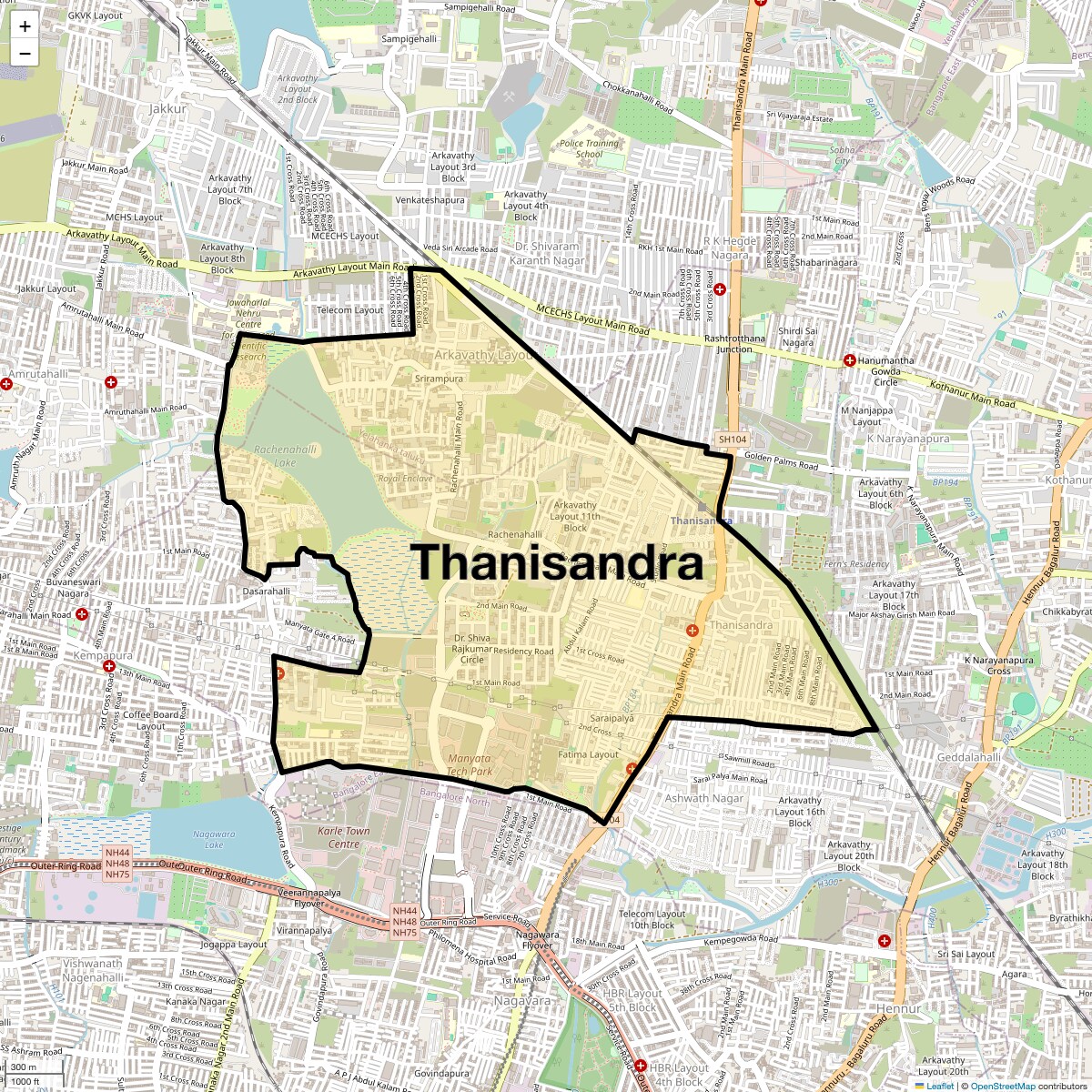 Location Map of Thanisandra, Bangalore