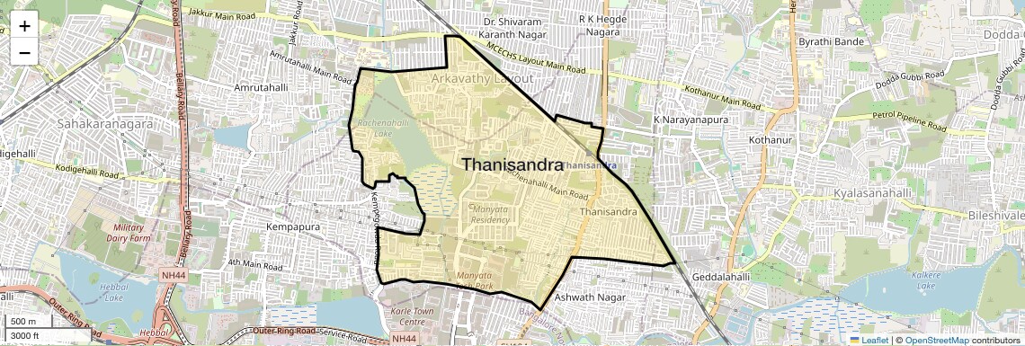 Location Map of Thanisandra, Bangalore