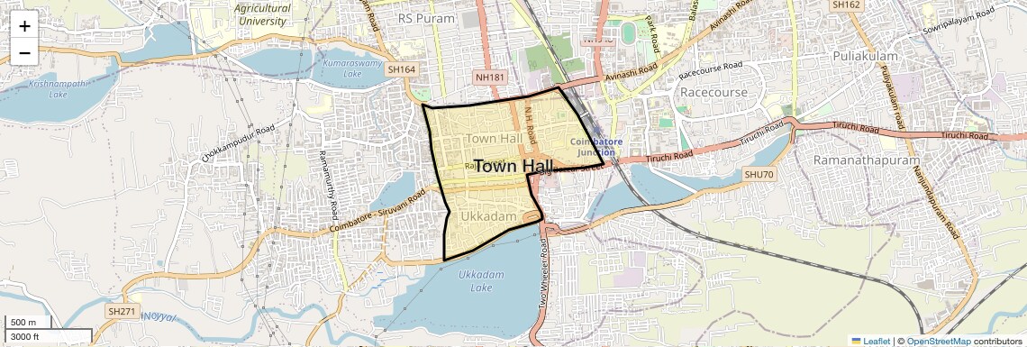 Location Map of Town Hall, Coimbatore