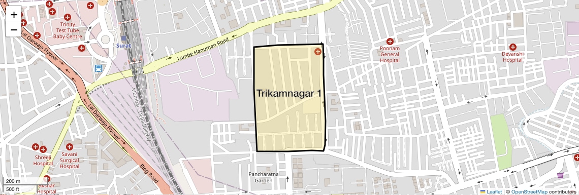 Location Map of Trikamnagar 1, Surat