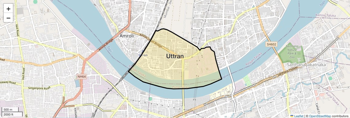 Location Map of Uttran, Surat