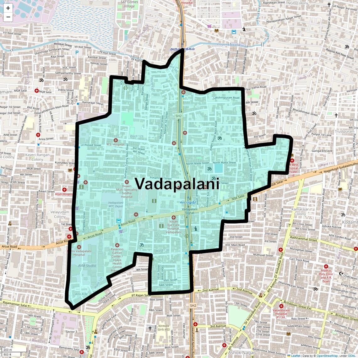 Location Map of Vadapalani, Chennai