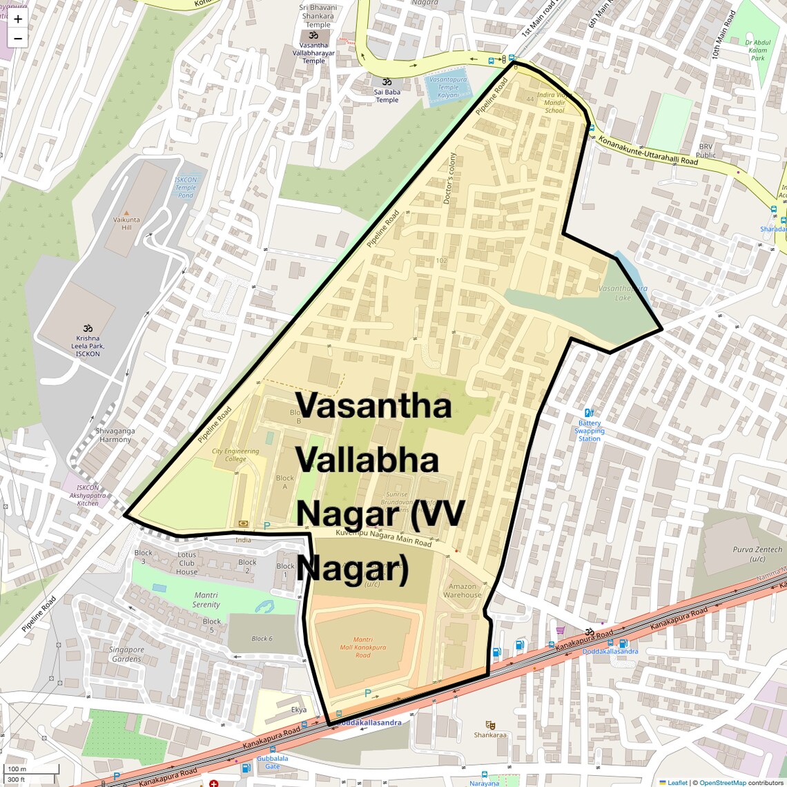 Location Map of Vasantha Vallabha Nagar (VV Nagar), Bangalore