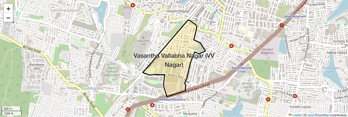 Location Map of Vasantha Vallabha Nagar (VV Nagar), Bangalore