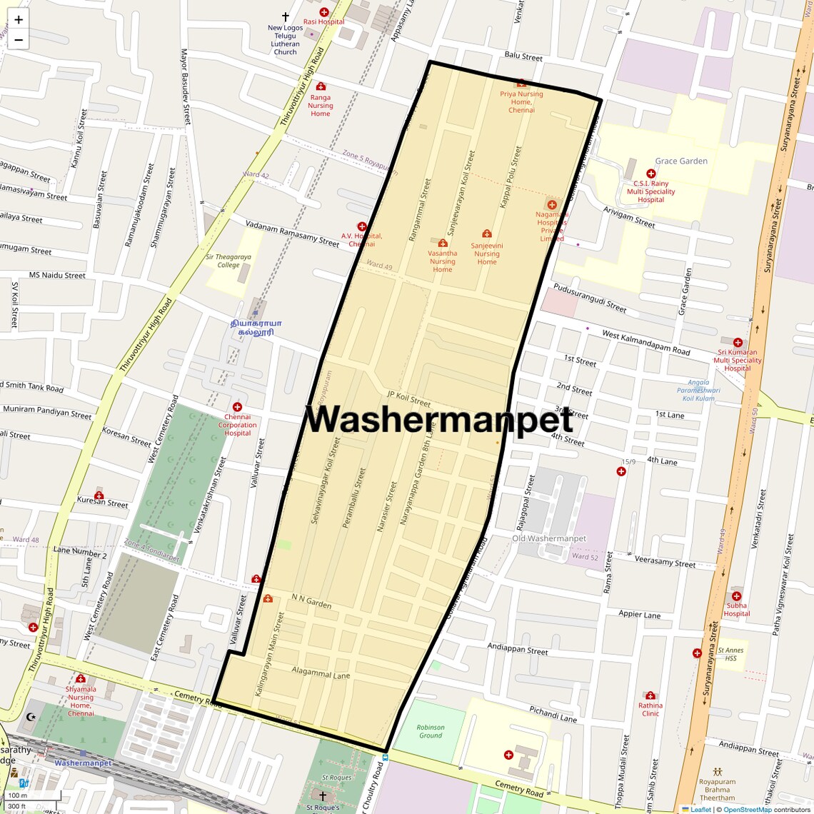 Location Map of Washermanpet, Chennai