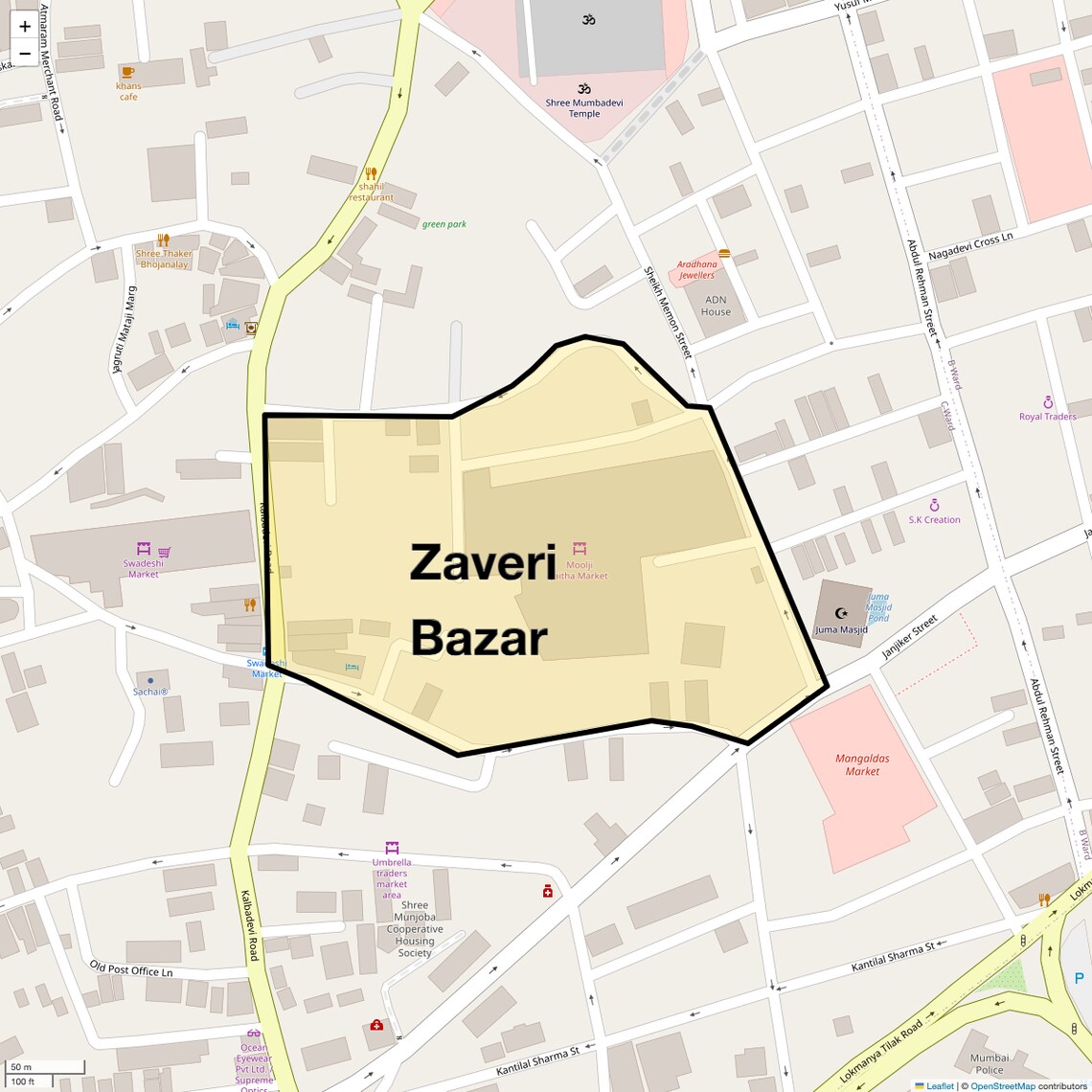 Location Map of Zaveri Bazar, Mumbai